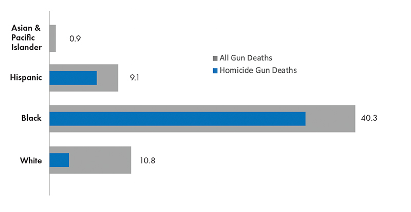 Gun death rates, by race and ethnicity, with insert bar representing homicides. Data are averaged across BCHC cities, 2020. 